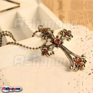  Bronze Cross Champagne Rhinestone Carved Flower Pendant Necklace