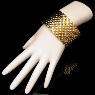 Vintage Chunky Wide Cuff Bracelet Goldtone Textured Diamonds Pattern