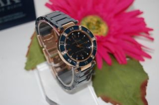 New~ Anne Klein Womens Rose Gold & Blue Ceramic Crystal Bezel Watch