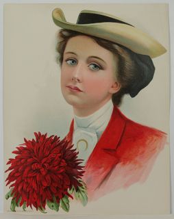  Gray Lithograph Co NY Red Dahlia Beauty in Hat Lithograph Print