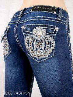 Women LA Idol Bootcut Jeans Embroidery Crystal Crown Jewel Pockets