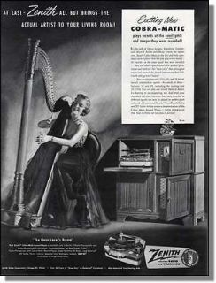  Woman playing harp   Zenith cobra matic record player radio print ad