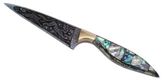 Handmade Damascus Engraved Abalone Handle Kitchen Knife