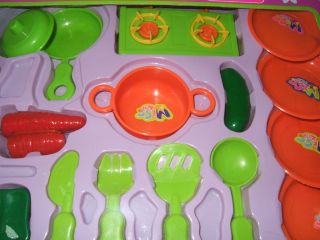 Kids Kitchen Play Set 25 Pcs Utensils Plates Cups Kettle Fruits