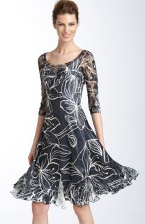 Komarov Pleated Charmeuse Dress with Lace Insets