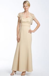 JS Collections Metallic Lace & Crepe Gown with Bolero