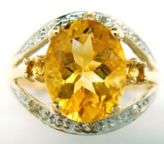 FINE 10KT YELLOW GOLD OVAL CUT CITRINE & DIAMOND RING SIZE 7