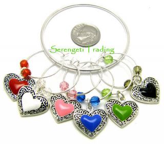 Hearts Colorful Silver Wine Glass Stem Charms Set of 6