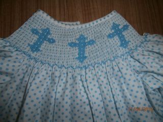 Cross smocked Easter dress w bloomers blue white polka dots NWOT 4T