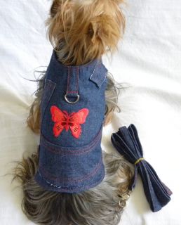 New Dog Cat Clothing Apparel Harness Vest Leash Denim Red Butterfly