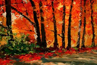 Landscape Autumn Trees Path Leaves Knife Original Art Oil Painting