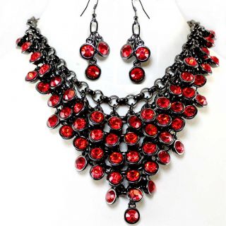  Red Crystal Bib Statement Earrings Necklace Set Costume Jewelry