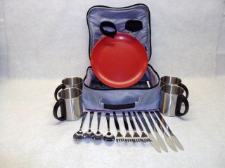  Camping Set Stainless Cups Utensils Melamine Dishes Tote Case