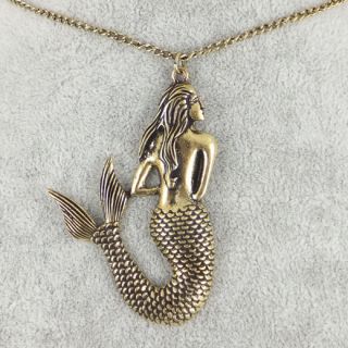 Vintage Antiqued Bronze Mermaid Pendants Long Necklace