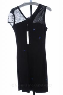 CUT25 8 M Jet Black Nylon Lace One Sleeve V Neck Cocktail LBD Dress $