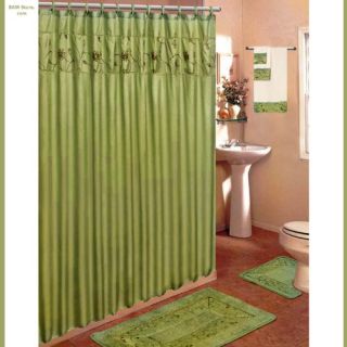 Olive Green 18 Piece Bathroom Set 2 Rugs Mats 1 Fabric Shower Curtain