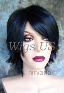 Wigs Short Messy Layers Side Bangs Black Blue Wig US Seller FS1