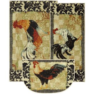 This black and white damask rug set featuring transitional roosters
