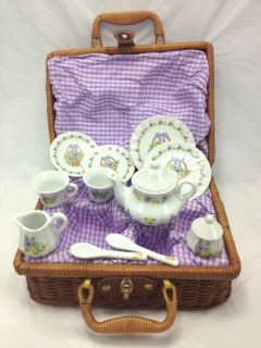 Delton Child Size Porcelain Tea Set in Wicker Picnic Hamper Pansies