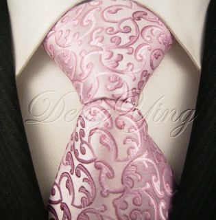 DENG YING New Floral Pink Silver Jacquard Woven Mens 100% Silk Ties
