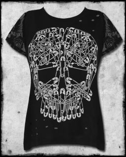 Abbey Dawn by Avril Lavigne Black Safety Pin Skull Womens Lace Sleeve