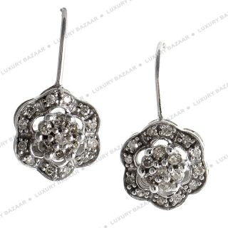 14k White Gold Diamond Flower Drop Earrings
