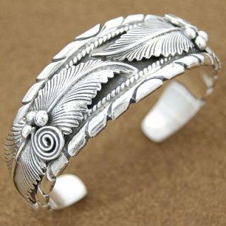 Exquisite Sterling Silver Feathers Womens Cuff Bracelet