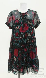Diane Von Furstenberg Black, Teal & Red Floral Silk Chiffon Dress Size