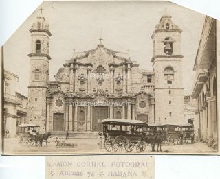 Cuba Havana Cathedral Horse Carriages Antique Albumen Photo by Ramon