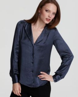 Theory New Deno P Blue Long Sleeve Hi Low Hem Button Down Top Blouse s