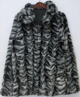 Dennis Basso Sz L Reversible Satin to Print Faux Fur Coat Black/ Gray