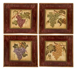 Tuscan Vineyard Grapes Ceramic Wall Plaques Art Decor Set of 4