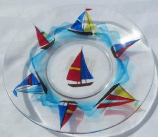  SAILBOAT GLASS PLATES SET OF 2 YANKEE CANDLE COMPANY RED BLUE YELLOW