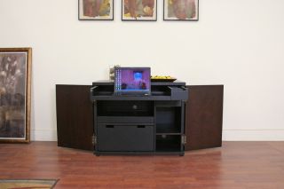 Black Wood Concealed Computer Desk Cabinet Table Modern