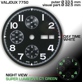 dial for valjoux cal 7750 new black background white at day time green