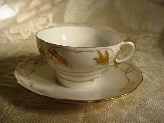 Antique Vintage Demitasse Cup Saucer Dresden Art Nouveau Gold on Cream