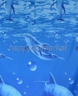 Sea Dolphin Blue Pattern Bathroom Fabric Shower Curtain 