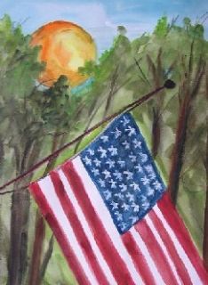 American Flag Landscape USA Original Watercolor Painting JMW Art John