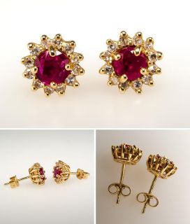 Natural Ruby & Diamond Halo Stud Earrings Solid 14K Gold Fine Estate
