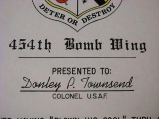 Colonel Donley P Townsend USAF Huge 454th Bomb w Award
