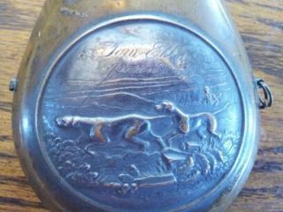 QUALITY rare ANTIQUE powder flask Dixon Sons Hunting dogs scene