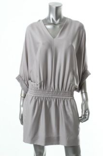 Diane Von Furstenberg New Gray Silk Smocked Waist V Neck Casual Dress
