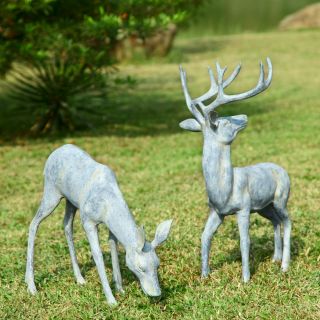 Playful Garden Deer Pair Doe Buck Garden Statues Sculptures Cabin