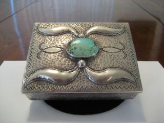 RARE Navajo Hammered Sterling Dry Creek Turquoise Tobacco or Tea Box