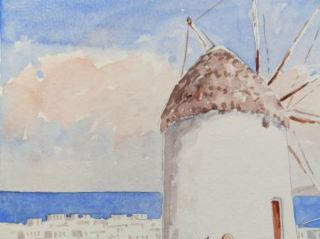  Watercolor Painting Europe Mediterranean Windmills Donkeys
