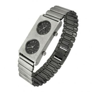 Square Double Sided Black Face Watch Silver Tone Metal Link Band USA