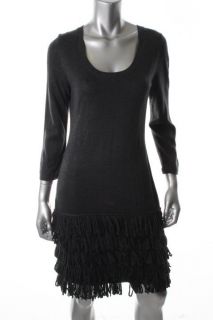 Calvin Klein New Black Fringe Long Sleeve Scoop Neck Sweater Dress M