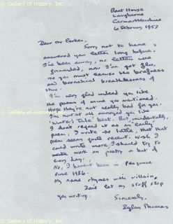Dylan Thomas Autograph Letter Signed 02 06 1953