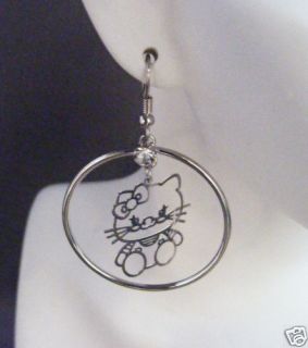Silver Double Rhinestone Hoop Hello Kitty Earrings