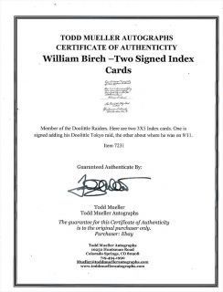 William Birch  Two Signed Index Cards  Doolittle Raider & 9/11